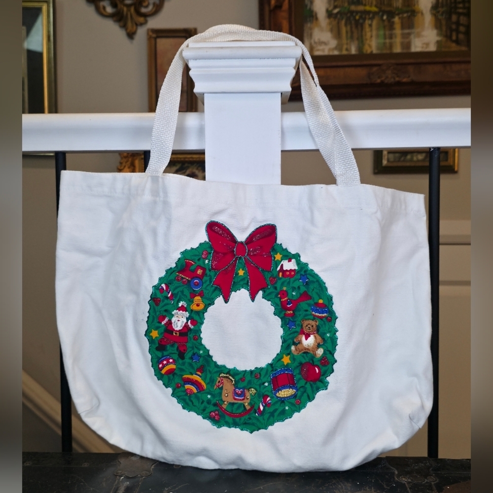 Vintage 90s Christmas Wreath Tote Bag 19" Canvas Holiday Shopping Applique